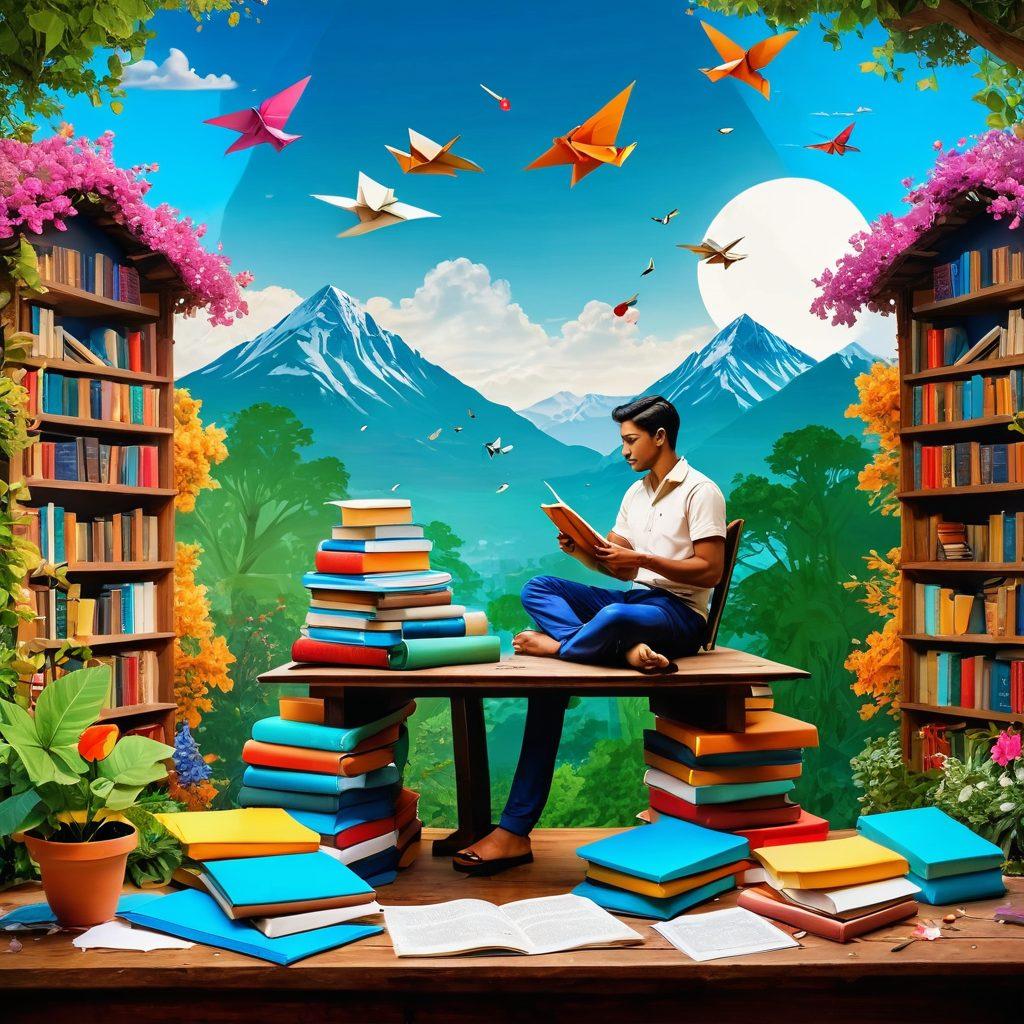 A vibrant scene depicting a person sitting at a wooden desk overflowing with colorful books and papers, surrounded by blossoming ideas represented by flying paper planes and lightbulbs. The backdrop features a picturesque Indian landscape with lush greenery and traditional architecture, symbolizing cultural influence. Include elements of stories and creativity such as quills, ink pots, and scribbled notes in the air. dreamy and imaginative. vibrant colors. 3D.