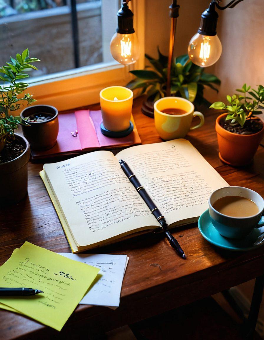 A serene working desk scene featuring an open notebook with Hindi script written beautifully, a steaming cup of chai, a fountain pen, and colorful post-it notes scattered around. In the background, a soft glow of a lamp and a potted plant to evoke creativity. The overall atmosphere should be warm and inviting, showcasing the art of crafting content. super-realistic. vibrant colors. cozy ambiance.