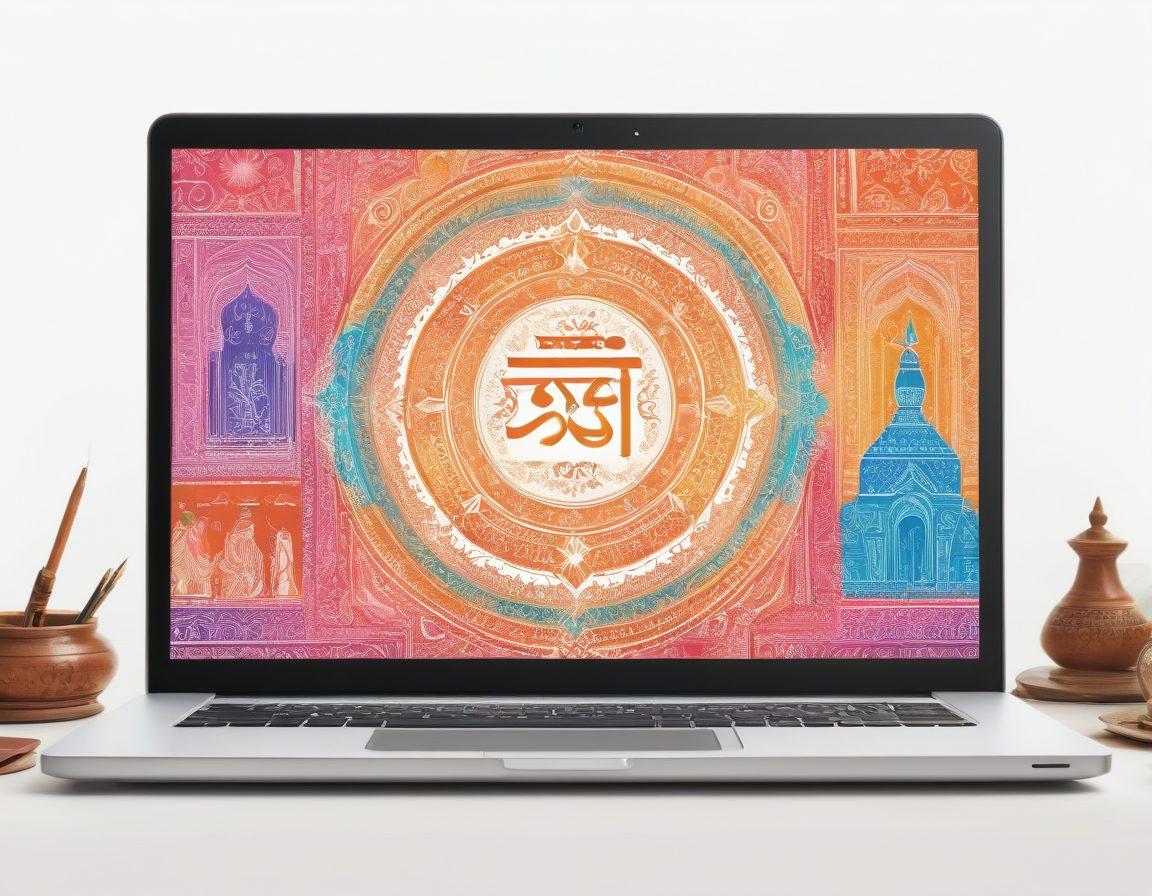 An open laptop with a vibrant digital screen displaying Hindi script intertwined with traditional patterns, surrounded by colorful Indian motifs and cultural artifacts. In the background, a diverse group of people engaged in discussion, showcasing collaboration and community spirit, all under a warm, inviting light that symbolizes creativity. super-realistic. vibrant colors. white background.